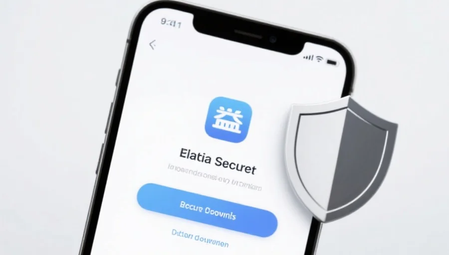 一部现代智能手机屏幕上显示万向应用的安全下载界面，旁边有安全盾牌图标，背景简洁